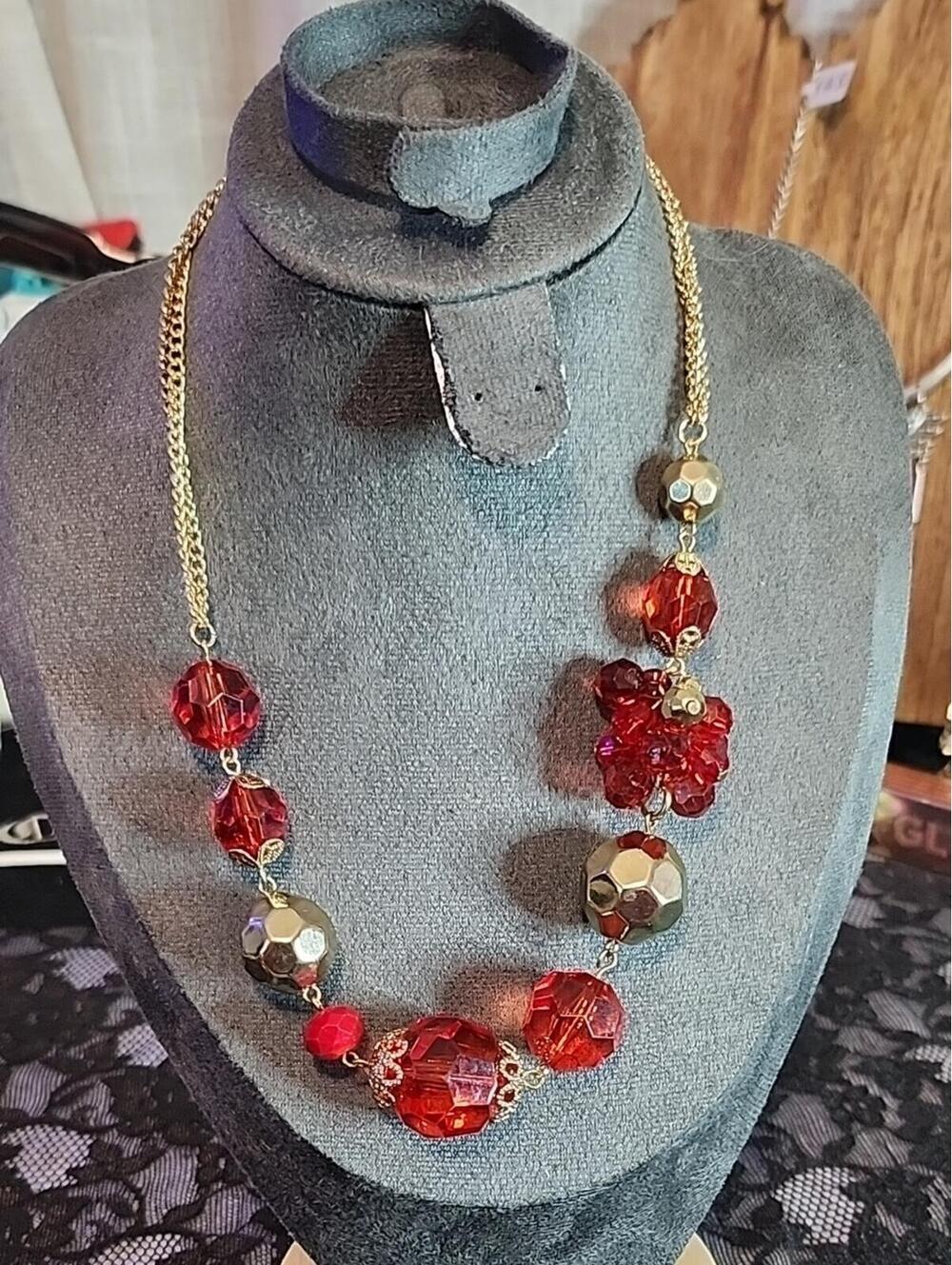 Gold Chain Red Crystal Beaded Necklace